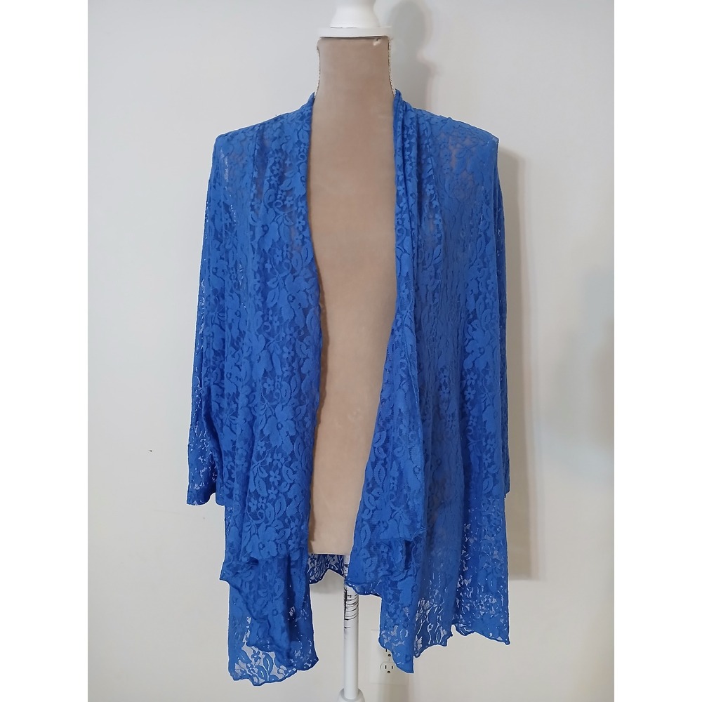 Slinky Brand Womens 2X  Blue Floral Lace Open Front Waterfall Cardigan